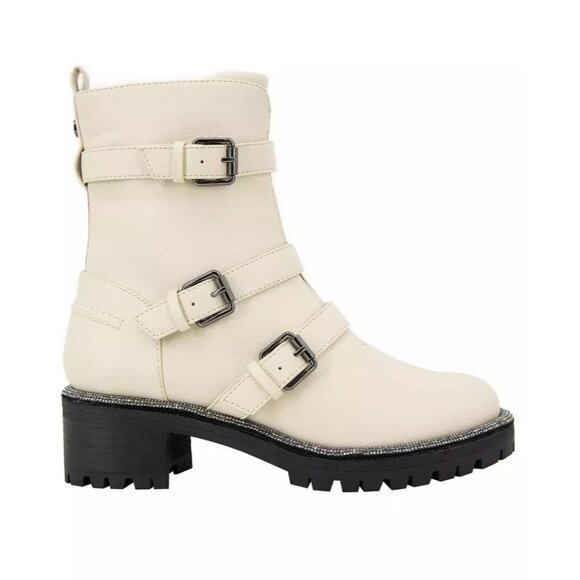 Kenneth Cole Reaction Women Tate Biker Jewel Lug Sole Booties Boot Ecru Size 6.5 - Picture 2 of 6